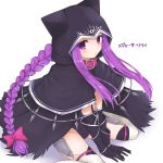  1girl black_gloves blush braid capelet character_name collar fate/grand_order fate_(series) gloves hair_ribbon highres hood hood_up ito_(silk9f) leotard long_hair looking_at_viewer medusa_(lancer)_(fate) parted_lips purple_hair purple_ribbon ribbon rider sidelocks simple_background single_braid sitting solo tress_ribbon v_arms very_long_hair violet_eyes wariza white_background 