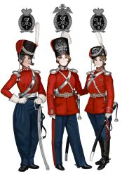  3girls absurdres aiguillette ammunition_pouch arm_behind_back baldric banner bearskin_cap black_bow blue_pants boots bow braid brown_eyes brown_hair buckle chin_strap clenched_hand clenched_teeth cockade comparison crown cyrillic dated double-headed_eagle epaulettes evolution expressionless full_body gloves grin hair_bow hand_on_own_hip hand_on_weapon hat high_collar highres holding holding_sword holding_weapon imperial_russian_army insignia jacket katyusha_(98269886) kepi lanyard leather leather_boots long_sleeves looking_at_viewer medal medium_hair miliary_uniform military military_hat military_uniform monogram multiple_girls napoleonic_wars original pants pipe_in_mouth plume pouch puffy_pants red_jacket red_stripes red_trim riding_outfit russia russian_empire sash scabbard shako_cap shashka sheath shoulder_belt simple_background smile smoking_pipe spurs standing striped_clothes striped_pants sword sword_knot tassel teeth waist_sash weapon white_background white_epaulettes white_gloves white_pouch white_sash world_war_i wreath yellow_eyes 