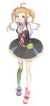  1girl ahoge arms_behind_back asymmetrical_legwear blue_hair boots bow brown_hair dress frilled_dress frills full_body gi_(melmail) green_legwear hair_bow highres kiznaiver looking_at_viewer multicolored_hair niiyama_nico open_mouth puffy_short_sleeves puffy_sleeves short_sleeves simple_background single_thighhigh solo standing star star_print stuffed_animal stuffed_toy thigh-highs twintails violet_eyes white_background 
