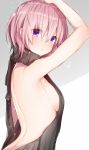 1girl akiran&#039;nu arched_back arms_up backless_outfit bangs bare_back black_sweater blush breasts dress expressionless eyebrows_visible_through_hair fate/grand_order fate_(series) from_side hair_between_eyes halterneck highres lavender_hair looking_at_viewer medium_breasts naked_sweater no_bra no_pants open-back_dress parted_lips pink_hair ribbed_sweater shade shielder_(fate/grand_order) short_hair sideboob solo sweater sweater_dress turtleneck turtleneck_sweater type-moon upper_body violet_eyes virgin_killer_sweater