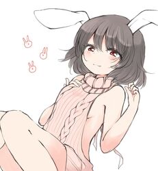  1girl animal_ears aran_sweater backless_outfit bangs bare_shoulders black_hair blush breasts dress inaba_tewi light_smile looking_at_viewer naked_sweater nanana_(chicken_union) pink_dress rabbit_ears red_eyes short_hair sideboob small_breasts smile solo sweater sweater_dress touhou turtleneck turtleneck_sweater virgin_killer_sweater 