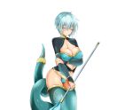  1girl breast_lift breasts choker cleavage closed_eyes dragon_providence facing_viewer lamia large_breasts midriff monster_girl official_art silver_hair snake_tail solo staff 