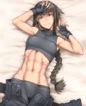  1girl abs bare_shoulders bike_shorts black_panties blush braid brown_hair embarrassed fingerless_gloves gloves helevu hetza_(hellshock) long_hair looking_at_viewer lying midriff navel on_back original panties red_eyes solo sweat tattoo toned underwear 