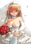  1girl bare_shoulders blue_eyes bouquet breasts bride choker cleavage dress elbow_gloves eyebrows_visible_through_hair flower gloves hand_holding large_breasts orange_hair out_of_frame petals pov pov_hands rose rose_petals sakura_ayane shironeko_project shitou_(1992116210) soft_focus solo_focus strapless strapless_dress wedding_dress white_dress white_gloves 