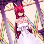  1girl 89_(hakkyuu) animal_ears bare_shoulders breasts bride candle cleavage closed_mouth collarbone dress dutch_angle eyebrows_visible_through_hair fox_ears gloves hair_between_eyes hands_on_own_stomach highres large_breasts long_hair original redhead solo stained_glass very_long_hair white_dress white_gloves yellow_eyes 
