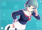  1girl adjusting_glasses bangs blue blue_background blue_eyes blue_hair blunt_bangs border braid clenched_hand clover collarbone dutch_angle eyebrows eyebrows_visible_through_hair eyelashes fingernails four-leaf_clover glasses hand_on_hip kei-suwabe long_sleeves looking_at_viewer mary_janes mashiba_nao neckerchief pleated_skirt sailor_collar school_uniform semi-rimless_glasses serafuku shoes short_hair skirt smile socks solo standing tsurime twin_braids under-rim_glasses wakaba_girl white_skirt 