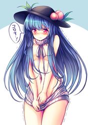  1girl 3:&lt; bangs bare_shoulders black_hat blue_hair breasts closed_mouth clothes_tug cowboy_shot dress eyebrows_visible_through_hair food fruit hat highres hinanawi_tenshi leaf long_hair looking_at_viewer motion_lines naked_sweater navel peach red_eyes ribbed_sweater shiny shiny_hair small_breasts solo stomach sweater sweater_dress sweater_tug t.m_(aqua6233) tears thought_bubble touhou trembling turtleneck turtleneck_sweater v_arms virgin_killer_sweater wardrobe_error white_background 