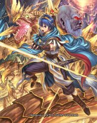  2boys bald beard blue_cape blue_eyes blue_hair cape commentary_request company_name dragon facial_hair fire_emblem fire_emblem:_mystery_of_the_emblem fire_emblem_cipher holding holding_sword holding_weapon izuka_daisuke male_focus marth_(fire_emblem) medeus multiple_boys official_art old old_man open_mouth pointy_ears red_cape sheath short_hair sword tiara two-sided_cape two-sided_fabric unsheathed weapon 