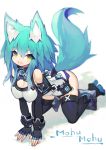  1girl :d all_fours animal_ears bare_shoulders black_gloves blue_hair blurry blush boots breasts cleavage depth_of_field elbow_gloves eyebrows_visible_through_hair fang fingerless_gloves fox_ears fox_tail full_body gloves green_eyes hair_between_eyes head_tilt high_heels highres large_breasts long_hair looking_at_viewer mamuru medium_breasts open_mouth original smile solo tail thigh-highs thigh_boots white_background 