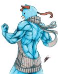  1boy animal_ears ass backless_outfit black_eyes blue_skin blurry butt_crack choujigen_game_neptune closed_mouth commentary depth_of_field dogoo flexing from_behind grey_sweater highres isaki_tanaka male_focus manly muscle neptune_(series) pose profile signature simple_background smile solo sweater tail turtleneck turtleneck_sweater virgin_killer_sweater white_background 