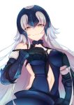  1girl :3 absurdres arm_guards armor bangs bare_shoulders black_gloves blush breasts chains closed_mouth elbow_gloves fate/grand_order fate_(series) gloves hand_on_breast hand_on_hip hand_on_own_chest head_tilt headpiece highres jeanne_alter large_breasts long_hair looking_at_viewer looking_down midriff navel navel_cutout ruler_(fate/apocrypha) silver_hair sleeveless solo tsurimr upper_body very_long_hair wu_(4401153) yellow_eyes 