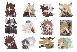 >_< 1other 3boys 6+girls @_@ anger_vein angry animal_ears arknights black_cape black_gloves black_hair black_jacket black_shirt blonde_hair blue_eyes blue_hair blue_hat brown_hair cape chibi closed_eyes coat colored_skin colored_tips commentary covering_own_ears crown degenbrecher_(arknights) demon doctor_(arknights) dragon_horns dress ebenholz_(arknights) emoji english_commentary english_text eyjafjalla_(arknights) fire fox_ears gloves gradient_background green_dress green_eyes green_jacket grey_background grey_hair hair_ornament hair_stick hat head_wings hiding hiding_behind_another highres holding holding_hands holding_mask holding_needle holding_paper holding_quill holding_stuffed_toy holding_sword holding_wand holding_weapon hood hooded_jacket horns ines_(arknights) jacket lappland_(arknights) lappland_the_decadenza_(arknights) laurel_crown logos_(arknights) long_hair long_sleeves looking_at_viewer mask muelsyse_(arknights) multicolored_hair multiple_boys multiple_girls necktie needle open_mouth orange_background orange_eyes paper parted_bangs pleading_face_emoji pointing pointy_ears protecting purple_dress quill red_eyes red_hair red_necktie rosa_(arknights) sewing shaded_face shikiri shirt short_hair shu_(arknights) siege_(arknights) sigh simple_background smile sparkle speech_bubble stuffed_goat stuffed_toy sword t_t tearing_up two-tone_dress upper_body vina_victoria_(arknights) vulpisfoglia_(arknights) wand weapon white_background white_coat white_dress white_hair white_shirt wings wolf_ears wolf_mask yellow_eyes yellow_skin zuo_le_(arknights) 