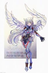  1girl angel_wings animal_ears black_bodysuit black_gloves bodysuit border cat_ears cat_girl commentary cosplay full_body gloves grey_hair highres long_hair m_(xenoblade) m_(xenoblade)_(cosplay) mio_(xenoblade) oomasa_teikoku outside_border red_bodysuit solo standing watermark white_border wings xenoblade_chronicles_(series) xenoblade_chronicles_3 yellow_eyes 