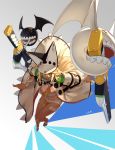  1girl barefoot beltbra blonde_hair breasts brown_eyes cape cleavage closed_mouth dark_skin full_body guilty_gear guilty_gear_xrd hat highres lolik long_hair medium_breasts midriff navel pauldrons ramlethal_valentine serious sheath sheathed short_shorts shorts solo sword thigh_strap weapon white_cape white_shorts 