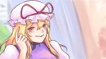  1girl bangs blonde_hair blush commentary dress hair_between_eyes hat hat_ribbon lipstick long_hair looking_at_viewer makeup meme mob_cap outdoors pointing pointing_at_self puffy_sleeves ribbon sidelocks smirk smug solo tabard touhou upper_body white_dress yakumo_yukari yellow_eyes yoruny 