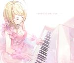  1girl ahoge akamatsu_kaede beamed_quavers blonde_hair breasts cleavage closed_eyes dangan_ronpa dress dutch_angle ekira_nieto evening_gown from_above gloves hair_ornament hairclip highres instrument jewelry music musical_note necklace new_dangan_ronpa_v3 piano pink_dress pink_gloves playing_instrument quaver smile solo 
