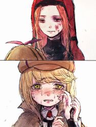  2girls blonde_hair blood blood_on_face brown_capelet capelet crying deerstalker hat heaven_burns_red highres irene_redmayne kulfiq maria_de_angelis multiple_girls nun parted_bangs red_eyes red_hair short_hair tears veil wiping_tears yellow_eyes yuri 
