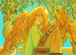  1boy branch closed_mouth feathered_wings hair_between_eyes highres jewelry leaf long_hair long_sleeves male_focus necklace original outdoors plant pole railing sky solo tree upper_body wings ya0n0524 