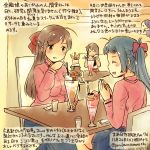  3girls :d ^_^ akagi_(kantai_collection) animal black_hair black_skirt brown_eyes brown_hair closed_eyes commentary_request dated eating food hamster irako_(kantai_collection) kantai_collection kirisawa_juuzou long_hair long_sleeves mamiya_(kantai_collection) multiple_girls non-human_admiral_(kantai_collection) open_mouth pink_shirt ponytail shirt sitting skirt smile traditional_media translation_request twitter_username 