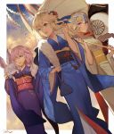  2017 3girls :d adapted_costume ahoge bangs bianyuanqishi blonde_hair blue_kimono blue_ribbon breasts closed_mouth clouds cloudy_sky confetti creature_on_shoulder day dutch_angle eyebrows_visible_through_hair fate/apocrypha fate/grand_order fate/stay_night fate_(series) flat_chest floating_hair floral_print flower fou_(fate/grand_order) fur_trim green_eyes hair_flower hair_ornament hair_over_one_eye hand_up headpiece highres holding holding_umbrella japanese_clothes jeanne_alter kikumon kimono kinchaku lantern long_hair long_sleeves looking_at_viewer medium_breasts multiple_girls obi one_eye_covered open_mouth outside_border palms paper_lantern pouch print_kimono purple_hair purple_kimono ribbon ruler_(fate/apocrypha) saber sash shawl shide shielder_(fate/grand_order) short_hair signature sky sleeves_past_wrists smile tassel umbrella violet_eyes walking white_border white_kimono wide_sleeves wind 