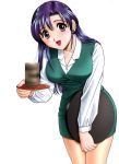  1girl blue_hair blush breasts brown_eyes earrings jewelry long_hair looking_at_viewer office_lady open_mouth original pantyhose sanri_youko sheer_legwear simple_background tea tray uniform 