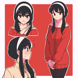  1girl absurdres bare_shoulders black_hair black_pantyhose blush blush_stickers border brown_coat closed_mouth coat collarbone commentary dress hairband highres jeff_miga long_hair long_sleeves multiple_views off-shoulder_sweater off_shoulder outline outside_border own_hands_together pantyhose profile red_background red_eyes red_sweater sidelocks smile spy_x_family standing sweat sweater sweater_dress v_arms white_border white_hairband white_outline yor_briar 