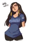  1girl 2017 alternate_hair_length alternate_hairstyle bangs blue_shirt breasts brown_eyes brown_hair character_name closed_mouth clothes_writing collarbone cowboy_shot cropped_arms cropped_legs dark_skin dated emblem facial_mark facial_tattoo hair_tubes highres logo long_hair medium_breasts overwatch pharah_(overwatch) shirt short_sleeves sidelocks simple_background solo swept_bangs tattoo white_background xshuai 