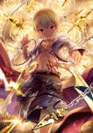  1boy artist_name axe blonde_hair chains child_gilgamesh fate/grand_order fate/hollow_ataraxia fate_(series) gate_of_babylon gilgamesh looking_at_viewer male_focus noeyebrow_(mauve) open_clothes open_shirt polearm red_eyes shirt smile spear trident weapon 