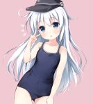  /\/\/\ 1girl alternate_costume anchor_symbol bare_arms bare_shoulders black_hat blue_eyes blue_hair blue_swimsuit chiyingzai collarbone contrapposto covered_navel cowboy_shot eyebrows eyebrows_visible_through_hair flat_cap flat_chest gluteal_fold hand_gesture hat hibiki_(kantai_collection) kantai_collection long_hair looking_at_viewer one-piece_swimsuit pink_background roman_numerals school_swimsuit simple_background solo standing swimsuit v very_long_hair 