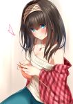  1girl absurdres bare_shoulders black_hair blue_eyes blush breasts go-1 hairband heart highres idolmaster idolmaster_cinderella_girls jewelry knitting long_hair necklace off-shoulder_sweater pendant plaid ribbed_sweater sagisawa_fumika shawl sketch solo sweater 