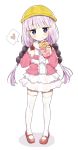  1girl :o backpack bag bangs beads blue_eyes blunt_bangs blush capelet center_frills closed_mouth crepe dragon_girl eyebrows_visible_through_hair food food_on_face full_body gradient_hair hair_beads hair_ornament hat heart holding holding_food holding_strap horns kanna_kamui kobayashi-san_chi_no_maidragon kurutsu lavender_hair layered_skirt legs_apart long_hair long_sleeves looking_at_viewer low_twintails miniskirt multicolored_hair pigeon-toed randoseru red_shoes school_hat shadow shoes simple_background skirt solo spoken_heart standing thigh-highs twintails white_background white_legwear white_skirt yellow_hat zettai_ryouiki 