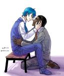  2boys akutoku_no_judgement_(vocaloid) black_hair blue_eyes blue_hair bruno_zero dark_skin dark_skinned_male evillious_nendaiki eye_contact formal gallerian_marlon hair_slicked_back hands_on_another&#039;s_face highres incipient_kiss kaito looking_at_another male_focus multiple_boys parted_lips rooomi sitting suit twitter_username waist_hold waistcoat yaoi 