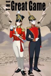  2girls aiguillette badge bear bird biting_own_lip black_boots black_jacket black_pants blonde_hair blue_eyes blue_wrist_cuffs boots breasts brown_hair buttons combat_helmet crown cup double-breasted double-headed_eagle eagle embroidery english_text expressionless full_body gloves gold_trim hand_on_belt hat helmet high_collar highres hill holding holding_cup holding_saucer imperial_russian_army jacket katyusha_(98269886) lion looking_at_another map medium_breasts military military_uniform multiple_girls one_eye_closed original pants pickelhaube red_jacket red_sash red_sleeve_cuffs russia russian_empire sash saucer shako_cap short_hair shoulder_belt sidelocks small_breasts soldier standing statue symbolism tea teacup united_kingdom waist_sash wavy_hair white_gloves white_pants white_sash wrist_cuffs 