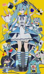  3girls absurdres ace_(playing_card) ace_of_diamonds ace_of_spades apple aqua_hair black_bow black_hair black_shoes blue_brooch blue_dress blue_eyes blush_stickers bow card character_request chibi chromatic_aberration commentary_request copyright_request dagger diamond_(shape) dress five_of_clubs food footwear_bow fruit hat hatsune_miku highres horns joker_(playing_card) kneehighs knife long_hair milk_carton mini_hat mini_top_hat multiple_girls multiple_persona playing_card rabbit sanpaku shoes simple_background skin-covered_horns socks spade_(shape) striped_clothes striped_socks tiandingfengren top_hat twintails very_long_hair violet_eyes vocaloid weapon white_hair yellow_background 