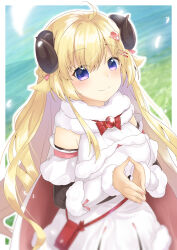 1girl absurdres ahoge animal_ears blonde_hair closed_mouth dress enatsu fur-trimmed_dress fur_trim hair_ornament hairpin highres hololive horns long_hair looking_at_viewer own_hands_together sheep_ears sheep_girl sheep_horns smile solo tsunomaki_watame tsunomaki_watame_(1st_costume) very_long_hair violet_eyes virtual_youtuber white_dress 