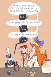  1boy 1girl alien applesauce black_cape bottle cape chocolate_syrup coat earrings english_text freakattack freckles glass highres jewelry ketchup ketchup_bottle long_hair milk milk_bottle mona_(warioware) orange_hair orbulon pepper_shaker spoon sunglasses warioware white_coat 