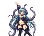  1girl bare_shoulders black_eyes black_legwear blue_hair breasts choker clenched_hand dragon_providence garter_straps hand_up lloigor long_hair midriff navel o-ring official_art open_mouth solo standing tentacle thigh-highs tiara very_long_hair 