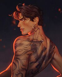  1boy back back_focus back_tattoo bare_arms bare_back bare_shoulders brown_eyes brown_hair dragon_tattoo from_behind highres ignartcio lens_flare looking_at_viewer looking_back male_focus median_furrow profile scar scar_on_face short_hair shoulder_blades tattoo the_empyrean_(series) topless_male very_short_hair xaden_riorson 