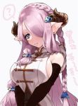  1girl ? ayamachi bare_shoulders black_gloves blue_eyes braid breast_squeeze breasts closed_mouth doraf elbow_gloves eyebrows_visible_through_hair eyelashes gloves granblue_fantasy hair_ornament hair_over_one_eye horns large_breasts lavender_hair long_hair looking_at_viewer narumeia_(granblue_fantasy) one_eye_covered pointy_ears purple_hair simple_background single_braid skindentation sleeveless smile solo spoken_question_mark upper_body v_arms very_long_hair white_background 