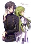  1boy 1girl anniversary belt black_hair black_shirt c.c. code_geass green_hair lelouch_lamperouge long_hair long_sleeves school_uniform shinooji shirt short_hair straitjacket upper_body violet_eyes wide_sleeves yellow_eyes 