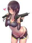  1girl arm_warmers bikini black_bikini black_hair black_shorts blush braid breasts butt_crack cleavage collarbone cowboy_shot dual_wielding ear_clip earrings fingernails girls_frontline green_eyes gun hair_over_one_eye heart highres jewelry leaning_forward long_fingernails long_hair looking_at_viewer mac-10 mac-10_(girls_frontline) medium_breasts nail_polish navel nikuku_(kazedesune) nose_blush open_fly parted_lips pink_nails purple_hair shiny shiny_skin short_shorts shorts simple_background smile solo standing stitches stomach submachine_gun swimsuit swimsuit_under_clothes thighs trigger_discipline twin_braids twintails unbuttoned weapon white_background 
