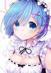  1girl bangs bare_shoulders black_dress blue_eyes blue_hair blush breasts cleavage dress face frills hair_ornament hair_over_one_eye hair_ribbon highres looking_at_viewer maid maid_headdress re:zero_kara_hajimeru_isekai_seikatsu rem_(re:zero) revision ribbon ribbon-trimmed_clothes ribbon_trim short_hair simple_background smile solo u_rin upper_body white_background x_hair_ornament 