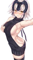 &gt;:) 1girl alternate_costume aran_sweater armpits ass backless_outfit bangs bare_back black_legwear black_panties black_thighhighs blue_ribbon blush braid breasts butt_crack closed_mouth commentary_request cowboy_shot dress eyebrows eyebrows_visible_through_hair eyelashes eyelashes_visible_through_hair eyes fate/grand_order fate_(series) feet_out_of_frame female_ass from_side hair_between_eyes hair_ribbon halterneck hand_on_chest hand_on_own_chest headpiece highres jeanne_alter large_breasts legs legs_together long_hair looking_at_viewer looking_to_the_side no_bra open-back_dress panties parted_lips ribbed_sweater ribbon ruler_(fate/apocrypha) self_shot sideboob silver_hair simple_background single_braid smile solo sweater sweater_dress thigh-highs thighs tress_ribbon turtleneck turtleneck_sweater type-moon underwear untsue virgin_killer_sweater white_background yellow_eyes