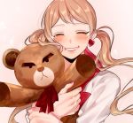  1girl ^_^ blonde_hair blush chanhina closed_eyes earrings facing_viewer fingernails floating_hair flying_teardrops grin gundam gundam_tekketsu_no_orphans heart heart_earrings holding holding_stuffed_animal jewelry lafter_frankland long_hair long_sleeves nail_polish pink_nails simple_background smile solo stuffed_animal stuffed_toy tears teddy_bear twintails underwear 