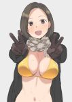  1girl :d bikini bikini_top black_coat breasts brown_eyes brown_gloves brown_hair brown_scarf checkered_scarf cleavage double_v gloves large_breasts light_brown_scarf looking_at_viewer midriff navel nora_higuma open_mouth original scarf short_hair smile solo swimsuit upper_body v yellow_bikini 