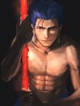 1boy amino_(tn7135) blue_hair cu_chulainn_(fate/grand_order) earrings fate/stay_night fate_(series) gae_bolg jewelry lancer looking_at_viewer red_eyes short_hair smile solo staff topless 