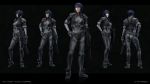  1girl 3d absurdres ass bodysuit breasts character_name full_body ghost_in_the_shell gun highres kusanagi_motoko matt_waggle multiple_views purple_hair rifle short_hair skin_tight solo standing weapon 