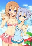  2girls :o bangs bikini bikini_skirt blue_eyes blue_hair blue_sky blue_swimsuit bow bracelet braid breasts brown_hair cleavage clouds collarbone commentary_request cowboy_shot day double_bun flower gochuumon_wa_usagi_desu_ka? hair_between_eyes hair_ornament hair_up hairclip hand_on_another&#039;s_back hoto_cocoa jewelry kafuu_chino leaf looking_at_viewer medium_breasts mori_airi multiple_girls navel one-piece_swimsuit open_mouth outdoors pink_bikini polka_dot polka_dot_bikini polka_dot_swimsuit scrunchie short_hair sidelocks sky small_breasts smile standing swimsuit violet_eyes wet white_bow wrist_scrunchie 