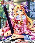  1girl accidental_exposure blonde_hair blush bow brush bucchake_(asami) clothes_lift curly_hair dirty enjutsu floral_print flower fur_trim green_eyes hair_flower hair_ornament ink japanese_clothes kimono kimono_lift knees_together_feet_apart koihime_musou long_hair new_year obi oversized_object panties pantyshot pantyshot_(sitting) pink_kimono ribbon sash shin_koihime_musou sitting smile socks solo underwear upskirt very_long_hair white_panties 