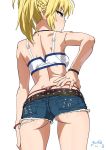  1girl ass bare_shoulders blonde_hair bracelet braid breasts cutoffs denim denim_shorts fate/apocrypha fate_(series) gluteal_fold green_eyes hand_on_hip heart jewelry looking_to_the_side midriff ponytail red_thong saber_of_red short_shorts shorts solo suna tank_top thong whale_tail 